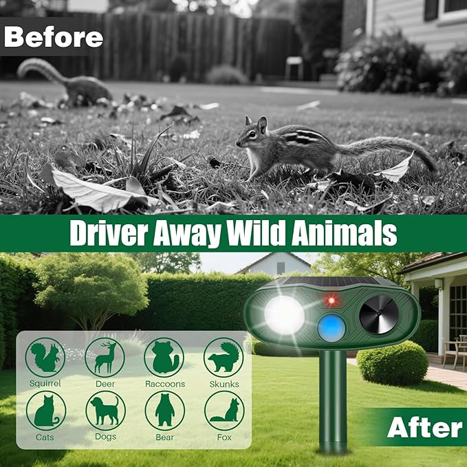 2026 Sonic Racoon Squirrel Fortress Pro Deer Repellent Devices, Solar Ultrasonic Motion Activated Animal Repeller Outdoor Cat Repellent Fox Deterrent with Light for Rabbit Bear Dog Garden(4)