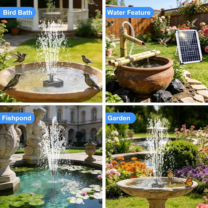 12W Solar Fountain Pump for Water Feature Outdoor DIY, Solar Water Fountain 132 GPH with 9.84FT Power Cable, 6 Spray Nozzles, 3.28FT DIY Tubing for Garden, Pond, Bird Bath