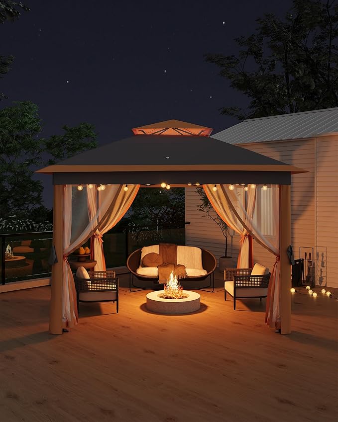 GarveeLife 11'x11 Pop-Up Gazebo, Instant Outdoor Canopy Tent with Mosquito Nettings, Durable Steel Frame, Water, and UV Proof, for Patio, Garden, Courtyard, Party (Khaki)