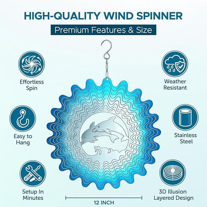 ISEO Dolphin Wind Spinner for Yard and Garden, Hanging Outdoor Decor, Yard Art, Porch and Patio Decorations, Metal Wind Spinners Outdoor, Weather Resistant, 12”