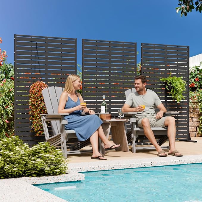 Privacy Screen Outdoor 60" Hx35 W Freestanding Privacy Panel with Stand, HDPE Decorative Privacy Fence with Louver Pattern 5 Panels, Patio Divider Screen, Privacy Screens for Outside