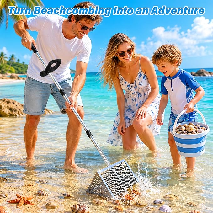 Sand Flea Rake, Sand Flea Rake Stainless Steel – 16" Wide Stainless Steel Sand Sifter for Shark Teeth, Shells & Sand Crabs, Collapsible Design with Drain Screen
