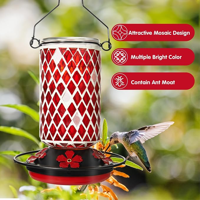 Glass Hummingbird Feeder, Red Hummingbird Feeders for Outdoors Hanging, 19 Ounces, Mosaic Bottle Easy to Clean, 5 Feeding Ports, Ant Moat Included