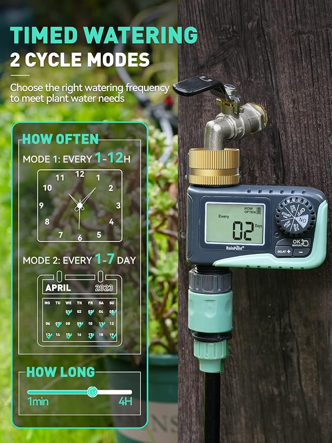 RAINPOINT Sprinkler Timer with Brass Swivel, Rain Delay/Manual Watering/Automatic Irrigation Controller System Hose Timer Programmable Faucet Timer for Yard