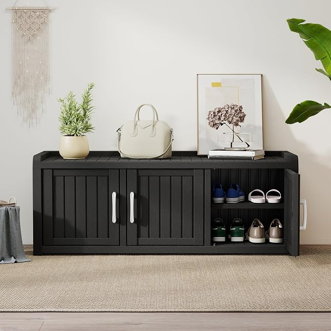 2-Tier Storage Bench, Waterproof UV-Resistant Outdoor Shoe Storage Cabinet with 3 Doors & Adjustable Shelves for Indoor Outdoor Entryway, Hallway, Living Room (Classic Black)