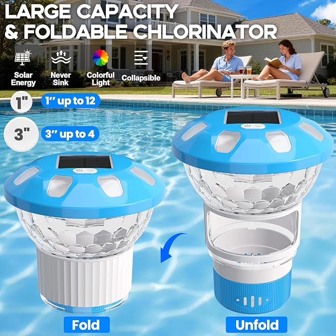 Pool Chlorine Floater, Solar Chlorine Floater with Colorful Lights, 3 Inch Chlorine Tabs Floater w/Adjustable Flow, Button Control Floating Chlorine Dispenser for Pools, Hot Tubs, Light Blue