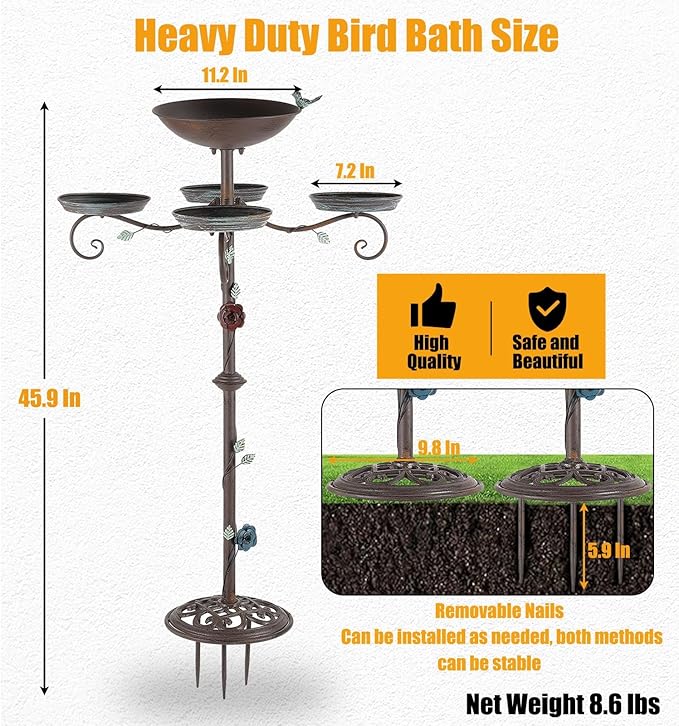 46”H Bird Bath and Feeder for Outdoors - Metal 5-in-1 Freestanding Bird Feeder for Outside, Cast Iron Pedestal 3 Prong Stake for Garden Patio Yard