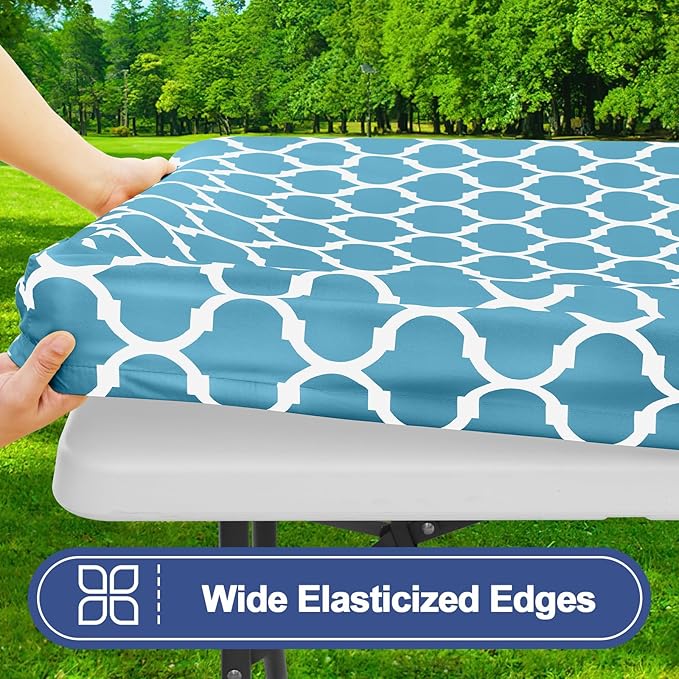 Smiry Picnic Table Cover with Bench Covers, Waterproof Elastic Fitted Tablecloth for 8 Foot Tables, Washable Polyester Tablecloths for Camping, Indoor & Outdoor (Light Blue, 30x96 Inch 3-pc Set)