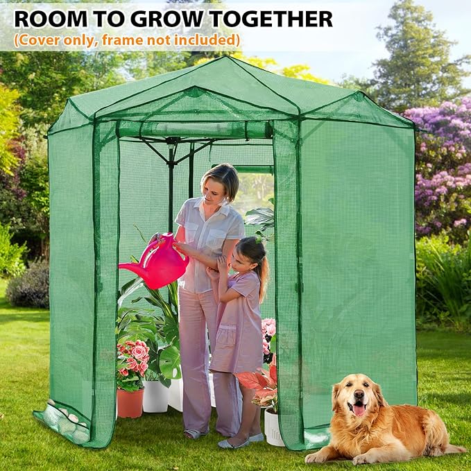 EAGLE PEAK Replacement Cover for 6.6x6.6 ft Hexagon Pop up Greenhouse, Front and Rear Roll-Up Zipper Entry Doors and 2 Roll-Up Side Windows (Frame Not Included), Green