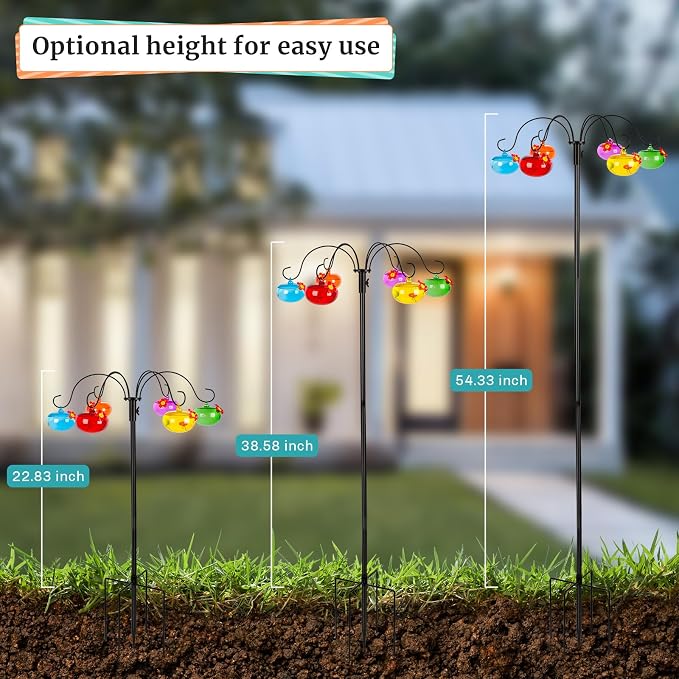Liitrton Glass Hummingbird Feeders with Shepherds Hook for Outdoors Hanging 6 Hand-Blow Glass Hummingbird Feeder Balls, Adjustable Hight Bird Feeder Pole for Outside Garden Decor