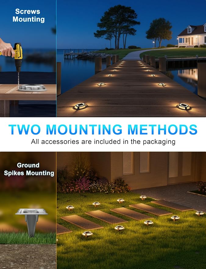 VOLISUN Solar Driveway & Deck Lights 12 Pack Waterproof Dock & Marine Ground Lights,2-in-1 Warm White & White LED,Solar Marker for Pathways,Steps,and Warning Signs,Auto On/Off