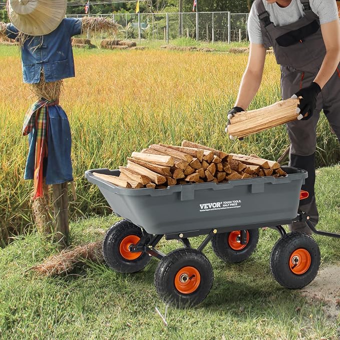 VEVOR 800lbs Poly Dump Garden Cart, Heavy Duty Yard Dump Cart Wagon, 4 Wheel Wheelbarrow with 10in Tires, 180°Rotating Handle, Steel Frame and Quick Release System