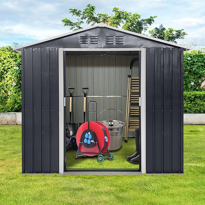 YOPTO 7x4.3 FT Metal Garden Sheds with Window,Outdoor Heavy-Duty Steel Storager Tool Shed W/Sliding Door and Punched Vents,Waterproof Building Organizer for Storing Motorcycle,Bicycles,Grey