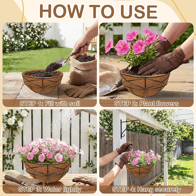 6 Pack 10 inch Metal Hanging Baskets for Plants Outdoor Metal Wire Hanging Basket Planter with Coco Fiber Liners Flower Pots for Home Porch Garden Patio, Diamond-Shaped