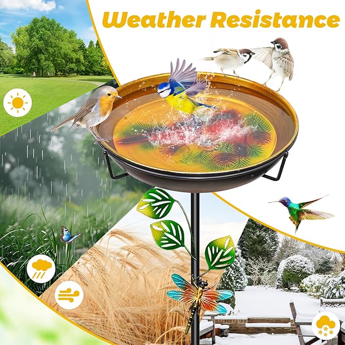 Metal Bird Bath for Outside, Freestanding Garden Birdbaths & Birdfeeder with Upgraded 5 Prongs Base, 35.4In Bird Baths Feeder Water Bowl for Outdoors Patio Yard Lawn Art Decor (Orange-Yellow)