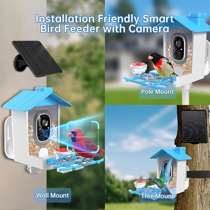 Bird Feeder with Camera Solar Powered - Smart Bird Feeder with 2K HD Camera, AI Identification, Solar Powered, Instant App Alerts, Birds Watching Gifts for Mom, Dad, Tech Lovers
