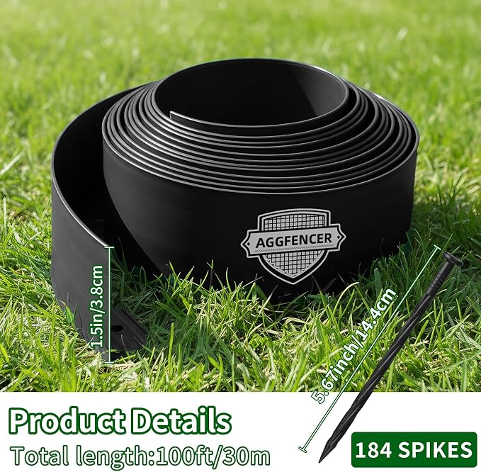 1.5 in x 100 Ft Garden Landscape Edging, No Dig Garden Edging Border Kit with 184 Pcs Spikes for Flower Bed Lawn Yard Grass Black