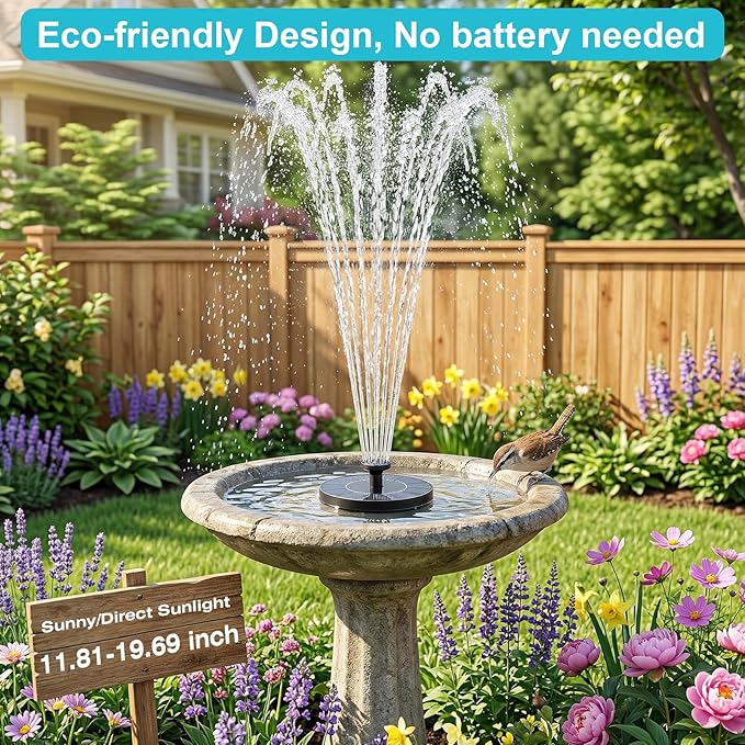 AMZtime Solar Fountain for Bird Bath, 2026 Upgrade Solar Water Fountain with 6 Nozzles & 4 Fixed Rods, Solar Bird Bath Fountains for Garden, Outdoor, Pool, Pond, Fish Tank and Patio