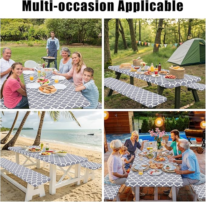 Smiry Picnic Table Cover with Bench Covers, Waterproof Elastic Fitted Tablecloth for 4 Foot Tables, Washable Polyester Tablecloths for Camping, Indoor & Outdoor (Grey, 24x48 Inch 3-pc Set)