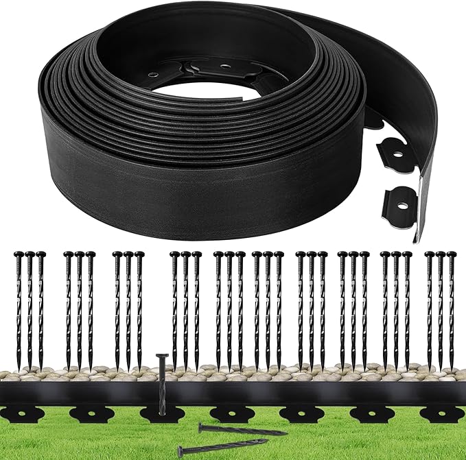 Landscape Edging Borders 33FT Extra Tall 4IN Outdoor Edging Borders Plastic Flexible with 30pcs Stakes,Mini Plastic Fence for Landscaping Yard Flowerbeds,Grass-Black
