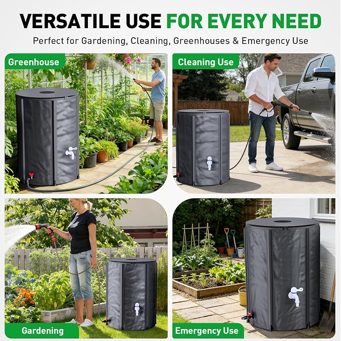 Yesker Collapsible Rain Barrel, 100 Gallon Portable Rainwater Collection System, 550D PVC Water Storage Tank, Rain Catcher with Spigots Filter Overflow Kit, Grey