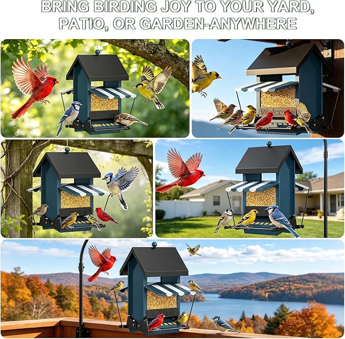 Squirrel Proof Bird Feeder Heavy Duty, 5LB Metal Hanging Bird Feeder for Outdoors with Weight-Activated, Easy to Fill & Clean, Wild Bird Feeder for Cardinals, Bluebirds, Finches, Chickadees& All Birds