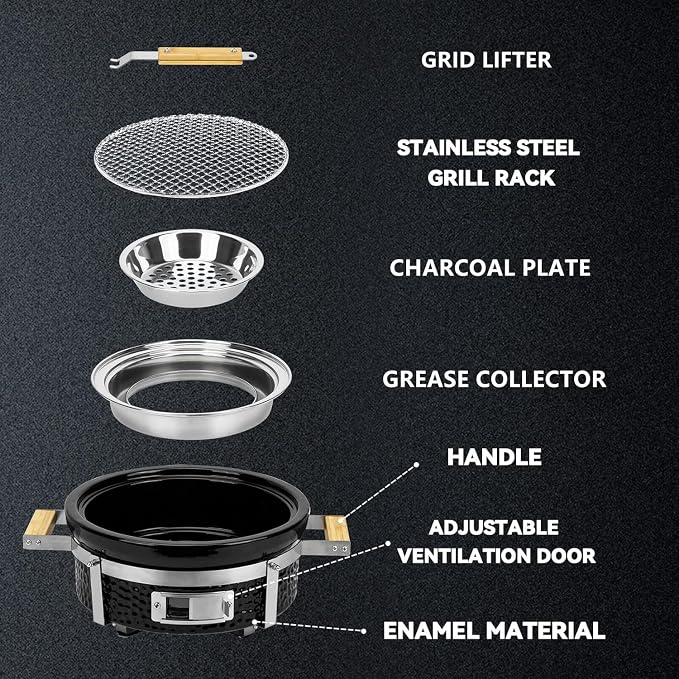 ONLYFIRE GRILLS Ceramic Hibachi Charcoal Grill with Grid Lifter, 14" Portable BBQ Yakitori Grill with Stainless Steel Grate for Outdoor Patio Backyard Barbecue Cooking, GS305