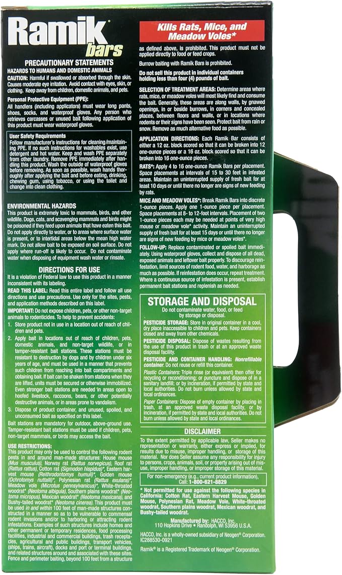 Ramik Bars All-Weather Rodenticide Mold & Moisture Resistant Bait for Control of Rats, Mice, and Meadow Voles, 4 lbs