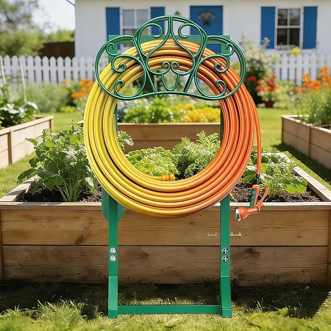 Garden Hose Holder with 2 Tool Hooks Heavy-Duty Freestanding Water Hose Holder Holds 160Ft Hoses, Rustproof Freestanding Hose Stand with 4 Spikes Hose Hanger Storage Rack for Outside, Yard, Lawn