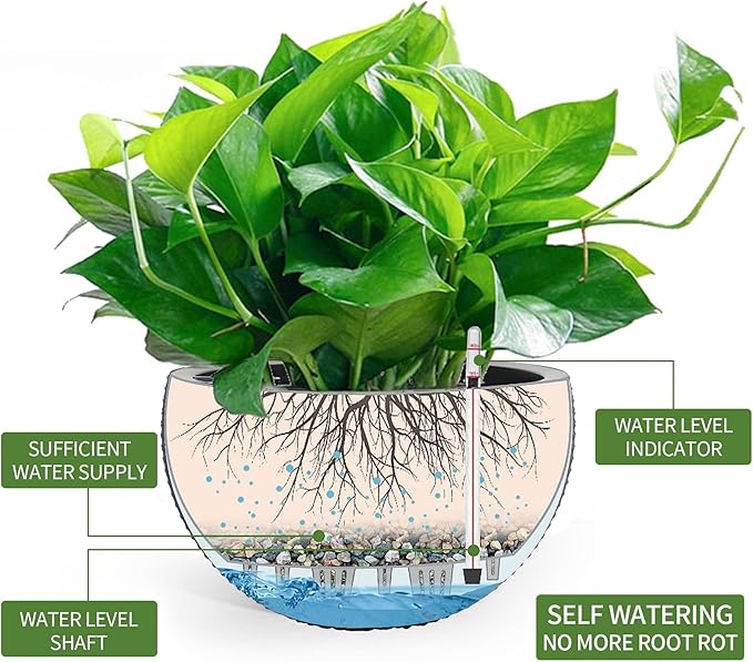 Dexceder 9 Inch Self Watering Hanging Planter (Gray) | Thickened Hanging Basket Flower Plant Pot with Water Level Indicator Indoor Outdoor