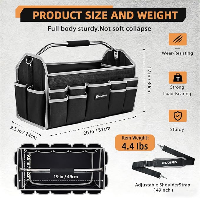 20in Tool Bags For Men Heavy Duty, 22 PCS Pockets Tool Bag Organizer Foldable Open Top Tool Bag With Handle, Wide Mouth Electrician Tool Tote, Grey