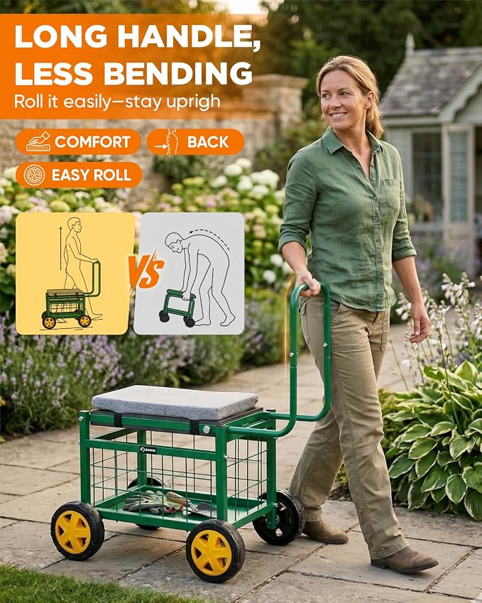 Saker Rolling Work Seat with Wheels - 15.7'' EVA Padded Stool, 400 lb Steel Frame, Large Storage Basket - Patio Lawn Backyard Cart for Gardening Tasks (Luxury Version)