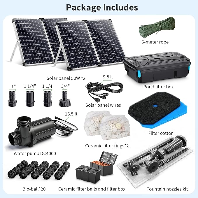 POPOSOAP 100W Solar Fountain Pump and Filter Kit, 1200GPH Solar Powered Pond Filter with 4-Stage Biological Filtration, Solar Pond Pump & Pond Filter Box for Outdoor Koi Pond, Garden, Waterfall P3100