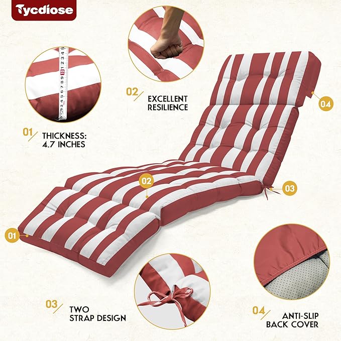 Outdoor Chaise Lounge Chair Cushion Waterproof 74.4 x 22 x 4.7 Inches Memory Foam Lounge Chair Cushions for Outdoor Furniture with Ties, Thickened Pool Lounge Chair Cushion, Stripe Red&White