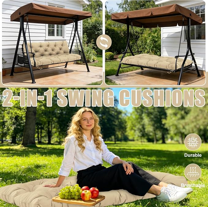 Porch Swing Cushions 70 inch Waterproof & Fade Resistant Thicken 5" Outdoor Swing Cushions 3 Seater Replacement with Backrest & Ties Patio Swing Cushions for Outdoor Furniture (Khaki)