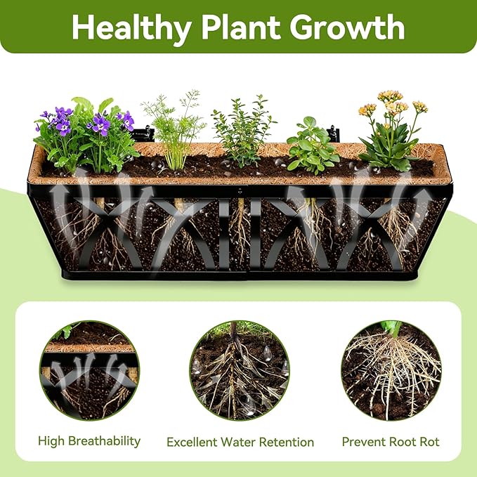 Halatool 24 Inch Heavy-Duty Metal Deck Railing Planter Box, 2 Pack Rust-Resistant Rectangular Window Boxes Planters with Coco Liner & Adjustable Brackets, Grow More On Your Balcony, Patio & Fence