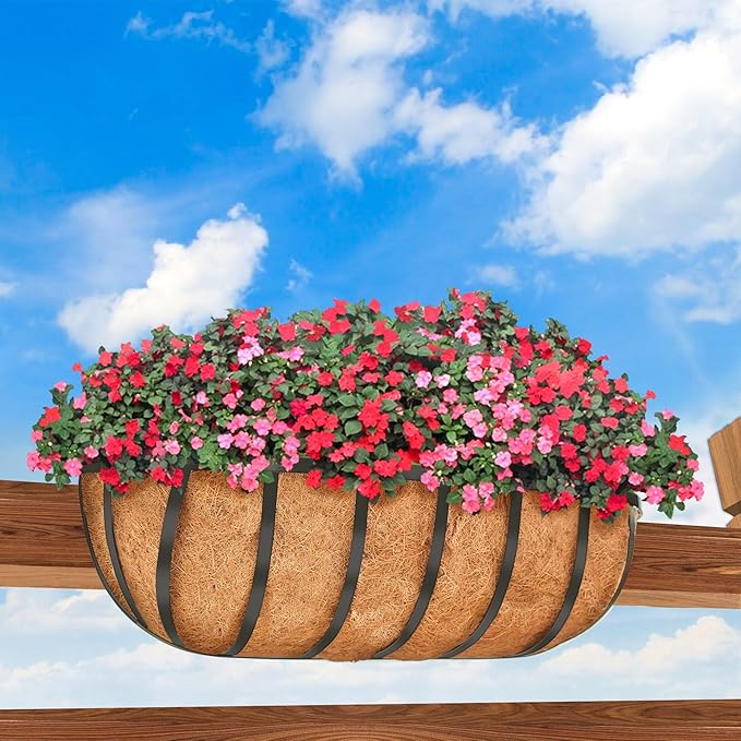 Y&M 24'' Outdoor Planters, 2 Pack Window Boxes with Coconut Coir Liner, Hanging Flower Planter for Balcony, Porch, Fence, Patio Rail