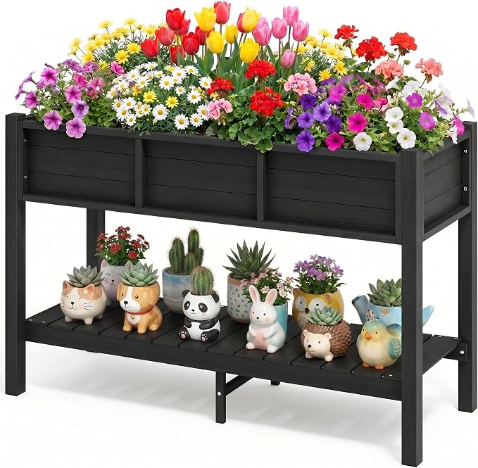 DWVO Raised Planter Box with Legs 48x18x30in Raised Garden Bed HDPE Poly Wood Weather-Resistant Elevated Garden Bed with Storage Shelf, Planter Boxes Outdoor for Patio Balcony Backyard, Black