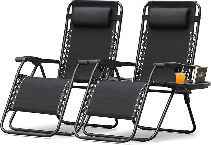 Homall Zero Gravity Chair Patio Folding Lawn Lounge Chairs Outdoor Lounge Gravity Chair Camp Reclining Chair with Pillows for Poolside Backyard and Beach Set of 2 (Dark Black)