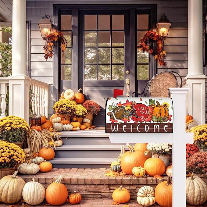 Fall Football Mailbox Cover Magnetic Fall Pumpkin Mailbox Covers Autumn Thanksgiving Post Letter Box Cover for Garden Yard Decor 25.5x21 Inch