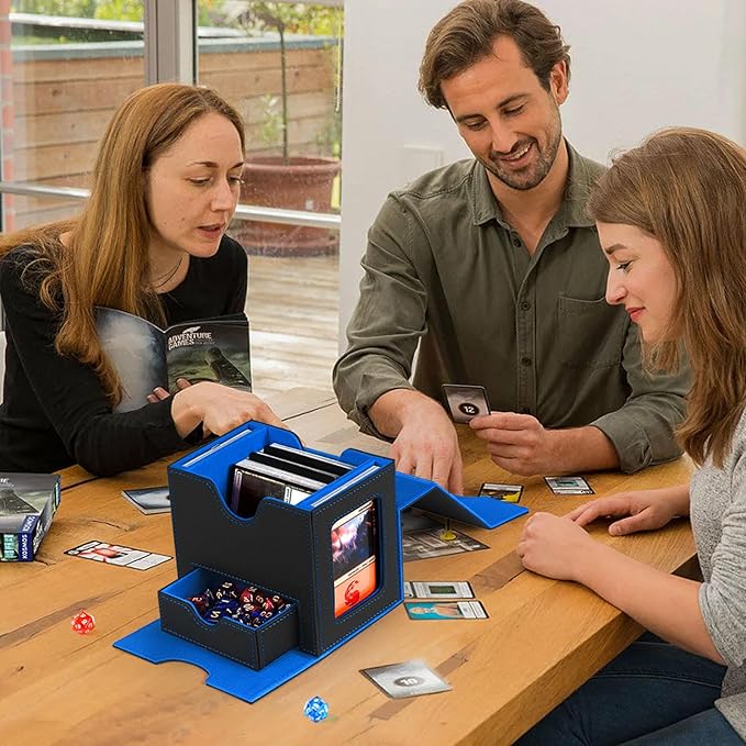 Card Deck Box for MTG with Commander Display Fits 100 Double-Sleeved Cards, Deck Case for EDH/TCG/Sports Cards with 2 Magnetic Card Holders (Black Blue)
