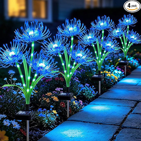 VOOKRY Solar Lights Outdoor, 4 Pack Blue Spider Lily Garden Flower Lights | 3Heads per Stem& Individual Solar Panels, Warm White LED Waterproof Yard Lawn Pathway Decor,Decorative Garden Gifts for Women