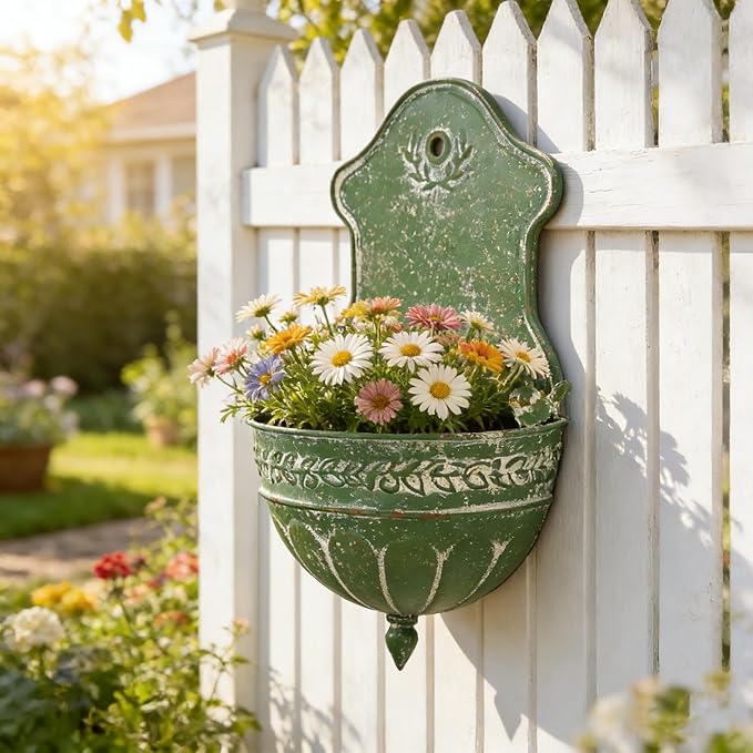 Vintage Distressed Green Metal Wall Planter, Rustic Hanging Pocket Planter with Scrollwork & Scalloped Design, Farmhouse Wall Decor for Indoor & Covered Outdoor Garden, Porch & Entryway