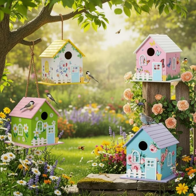 DoubleFill 4 Pcs Summer Wooden Bird Houses for Outside, Bluebird House, Hanging Nesting Box for Sparrow, Chick adee, Hummingbird Wren Cardinal Swallow Sparrow Finch