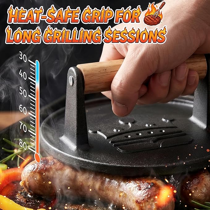Smash Burger Press 6.5”, Cast Iron Flat Round Edge Grill/Bacon/Meat/Hamburger/Chef Press with Wood Handle, 1.74lb Hamburger Press Patty Maker, Nonstick Burger Smasher for Blackstone Griddle