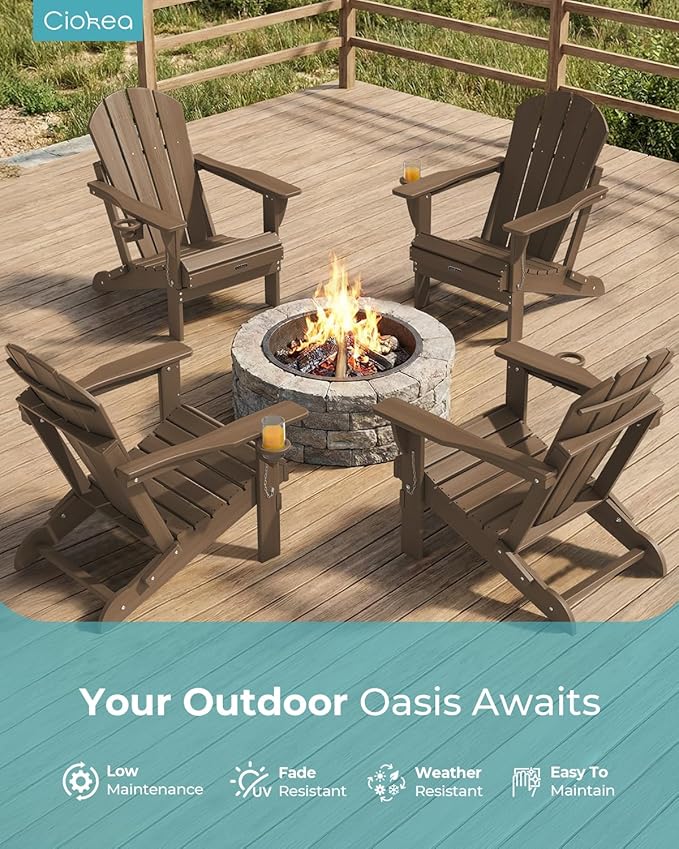 Ciokea Folding Adirondack Chairs Set of 4, Patio Adirondack Chair Weather Resistant, Plastic Fire Pit Chair with Cup Holder, Lawn Chair for Outdoor Porch Garden Backyard Deck, Brown