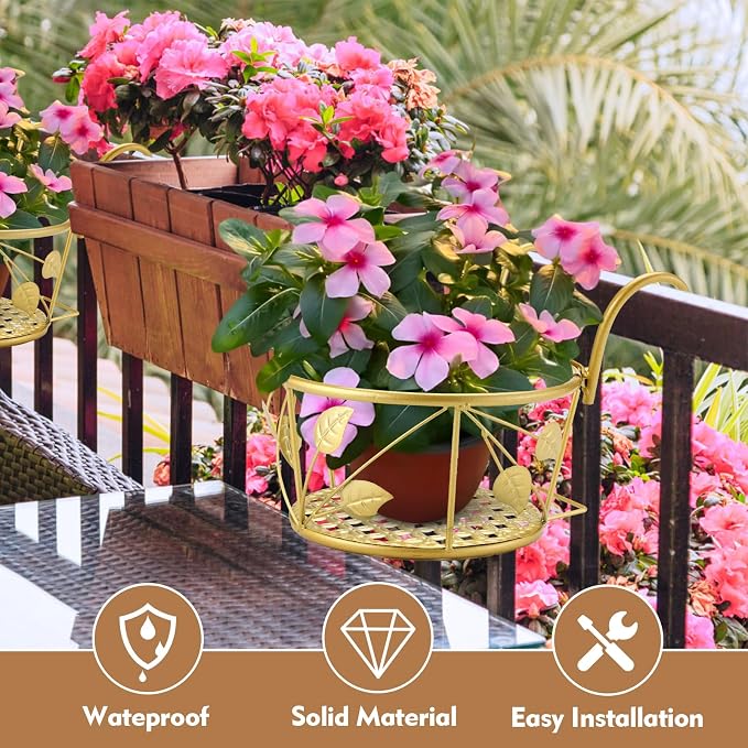3 Pack Hanging Planter Holders, Golden | Heavy Duty Metal, For Balcony Railings, Indoor Outdoor Use, Deck Fence Garden Patio Porch