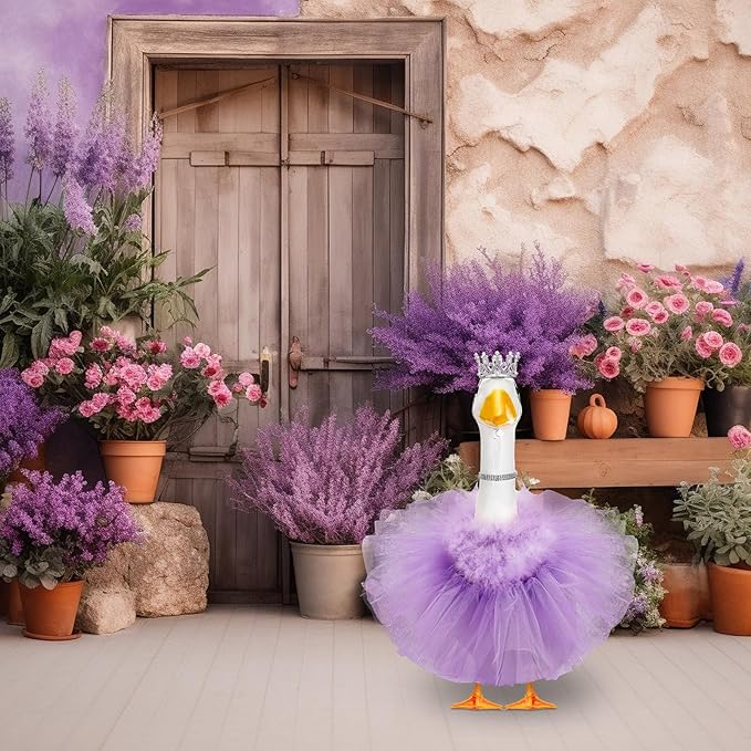 4 Pcs Princess Porch Goose Outfit for 23" 17" Cement Lawn Goose Costume Crown Necklace Tutu Skirt Feather Trim for Princess Outdoor Garden Lawn Art Decor(Purple)