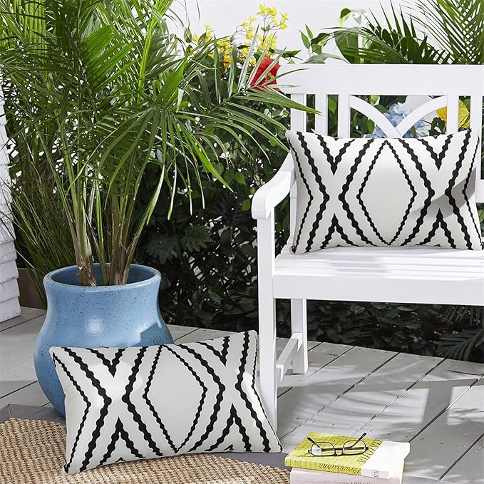 Adabana Outdoor Lumbar Waterproof Pillow Covers Set of 2 Boho Geometric Throw Pillows Cover for Patio Garden 12 x 20 Inch White