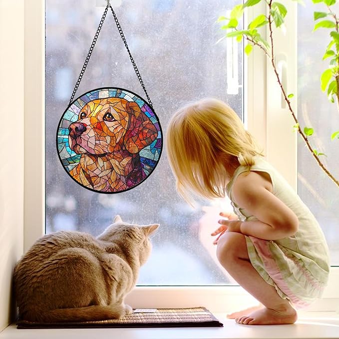 DASTOLL Stained Glass Window Hanging, Cute Dog Abstract Sun Catchers Colorful Glass Panel Texture Suncatcher Decor for Birthday for Women, Men, Wife, Aunt, and Mom 7.8 in